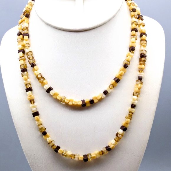 Vintage Cubed Glass Beaded Necklace in Neutral Beige Brown and Black Tones - Picture 1 of 5